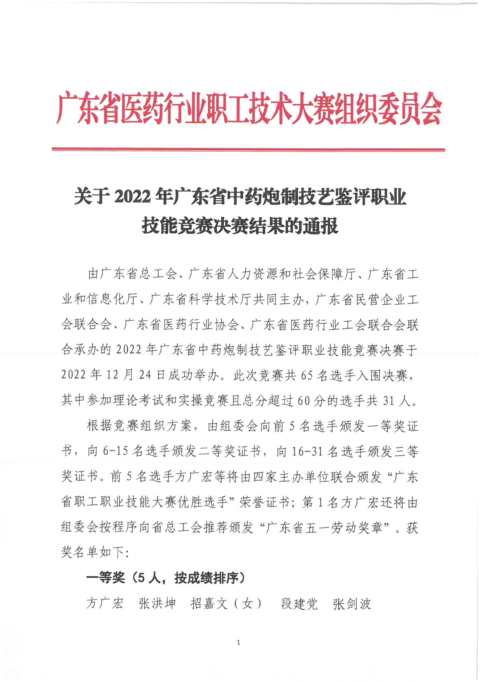 关于2022年广东省中药炮制技艺鉴评职业技能竞赛决赛结果的通报